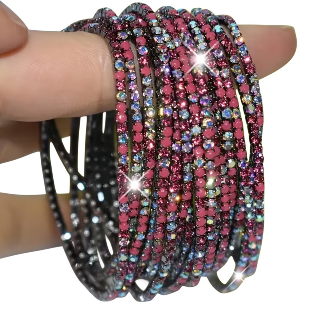 Sparkling Pink Rhinestone Tennis Stretch Bracelet Set